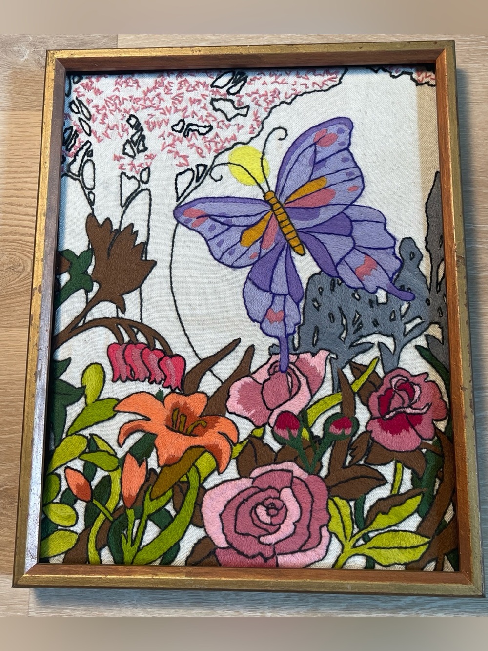 Vintage Handmade Crewel Embroidered Art Butterfly, Lily and Roses Cottagecore